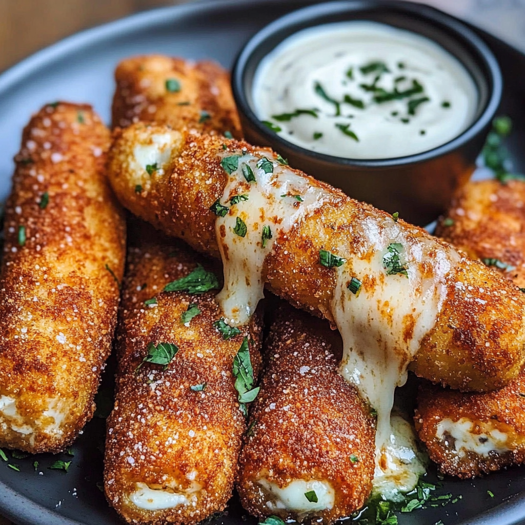Recipe preparation for Crispy Mozzarella Sticks with Dips