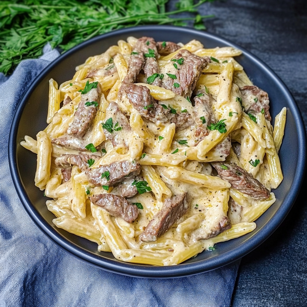 Recipe preparation for Steak Creamy Garlic Pasta