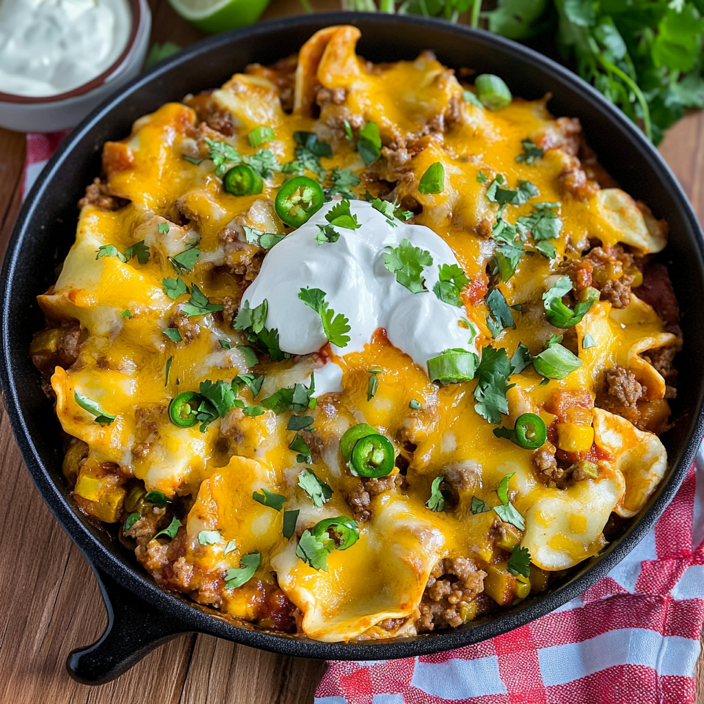 Recipe preparation for Cheesy Beef Enchilada Tortellini