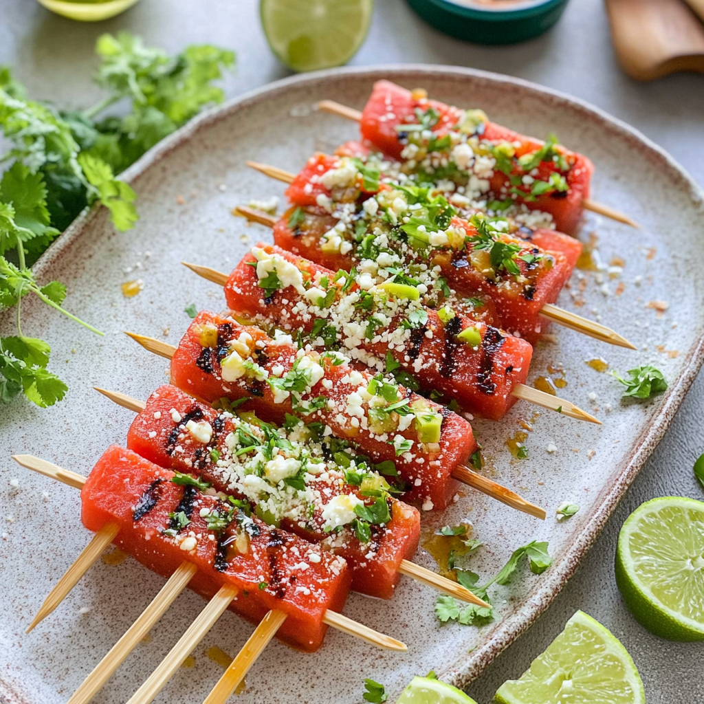 Recipe preparation for Watermelon Feta tajin Skewers