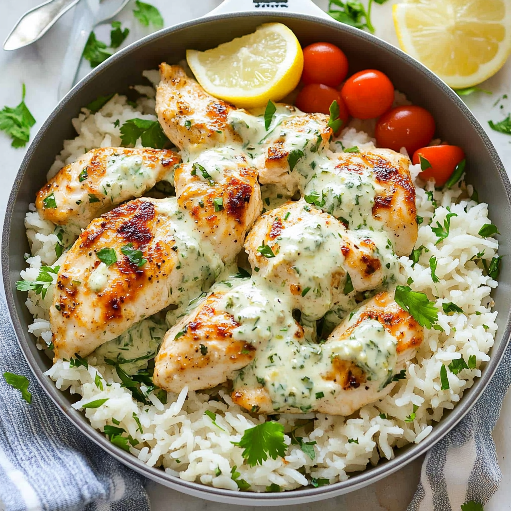 Recipe preparation for Dump-and-Bake Chicken Tzatziki with Rice