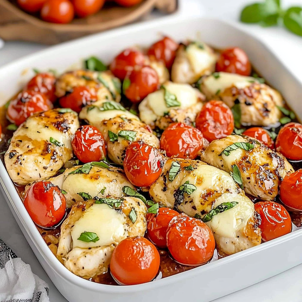 Recipe preparation for Bruschetta Chicken Bake Tomatoes