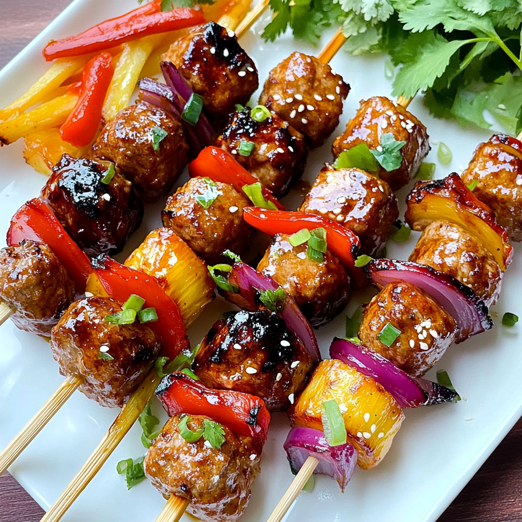 Recipe preparation for BBQ Pineapple Meatball Skewers