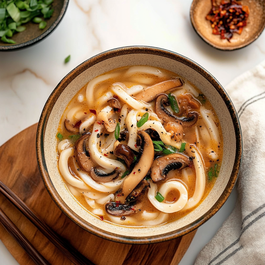 Recipe preparation for Creamy Mushroom Udon Noodle Soup