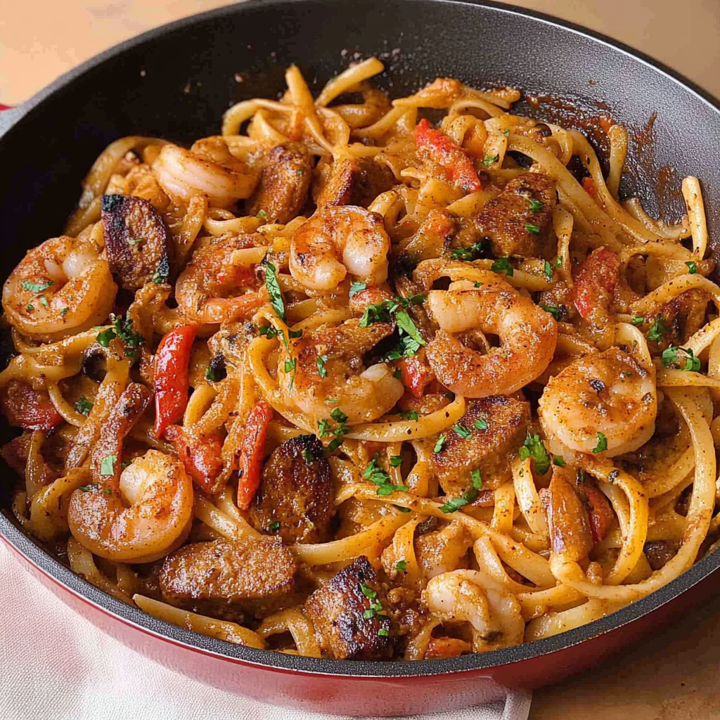 Recipe preparation for Cajun Ranch Shrimp and Sausage Pasta Skillet