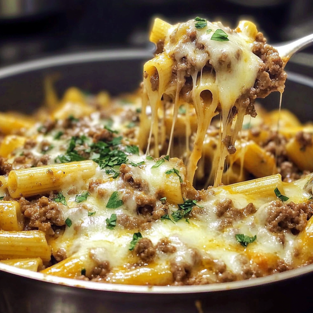 Recipe preparation for Cheesy Ground Beef Pasta Skillet