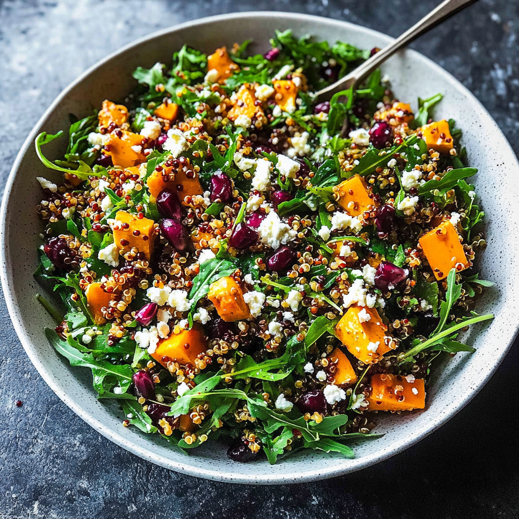 Recipe preparation for Roast Pumpkin Salad With Quinoa Feta And Pomegranate