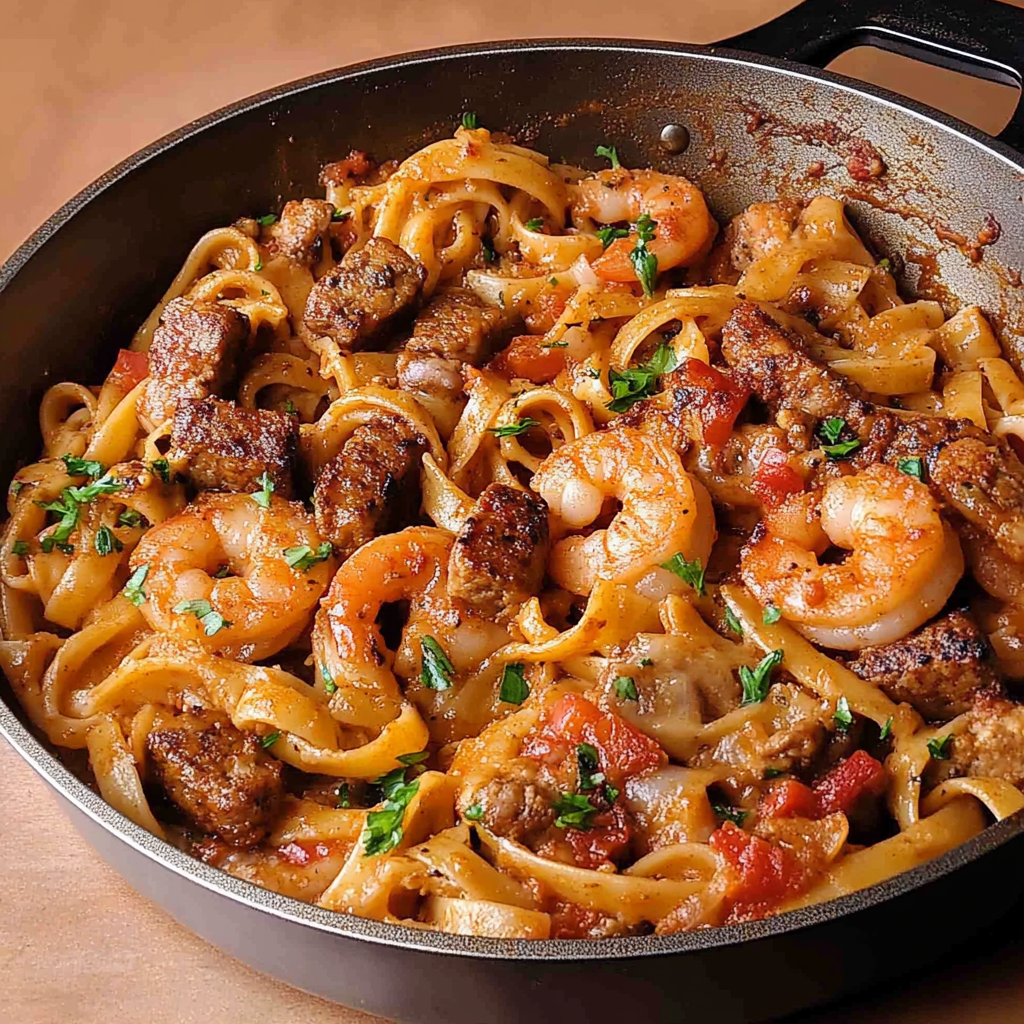 Recipe preparation for Cajun Ranch Shrimp and Sausage Pasta Skillet