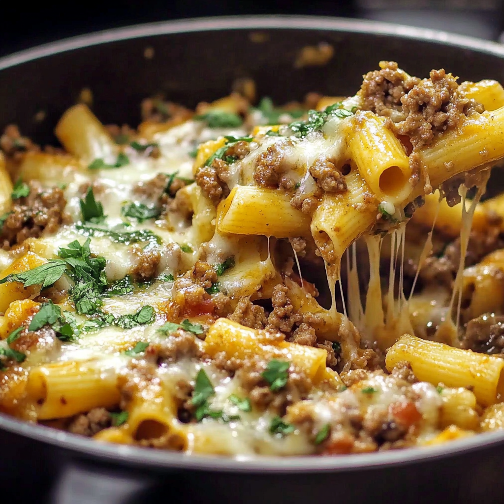 Recipe preparation for Cheesy Ground Beef Pasta Skillet