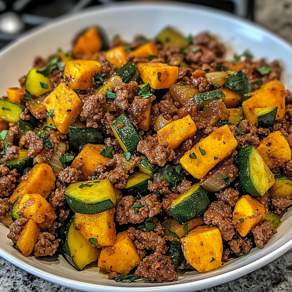 Recipe preparation for Ground Beef Zucchini Sweet Potato Skillet