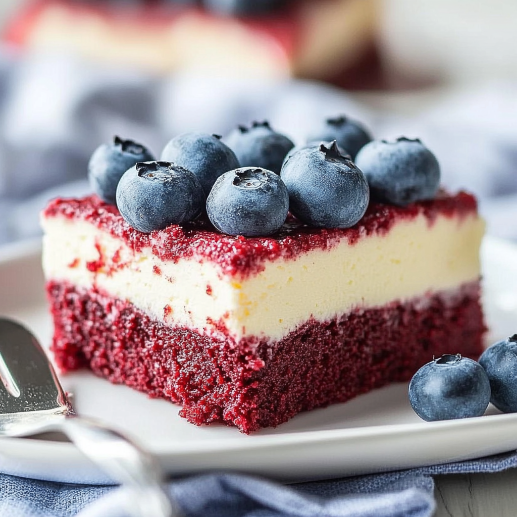 Recipe preparation for Fourth of July Red Velvet Cheesecake Bars