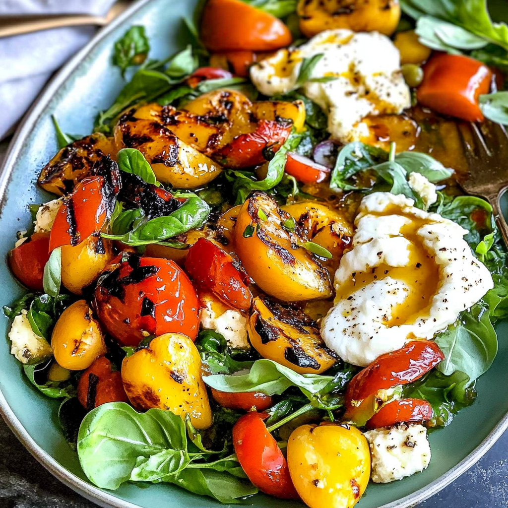 Recipe preparation for Grilled Peach Burrata Salad