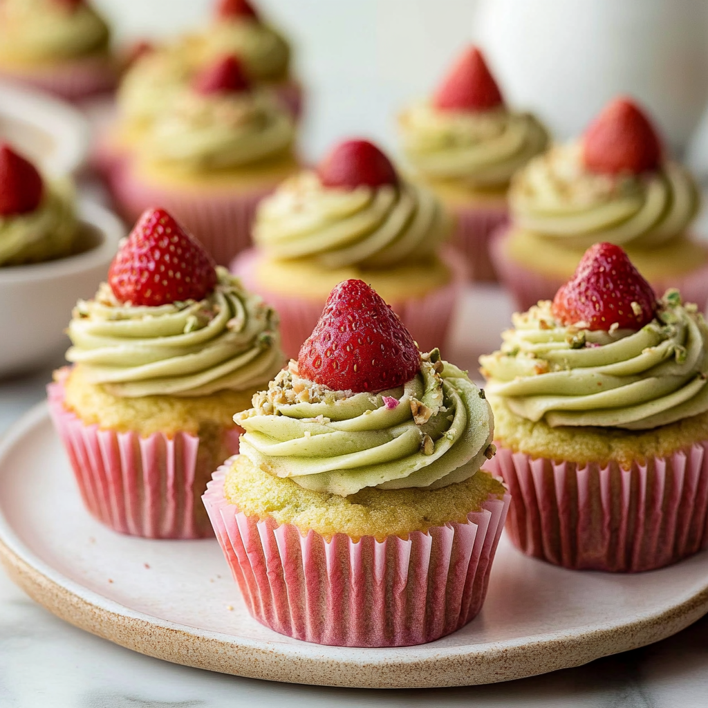 Recipe preparation for Pistachio Cupcakes with Strawberry Buttercream