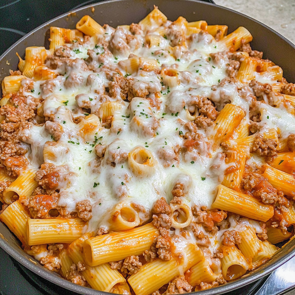 Recipe preparation for Cheesy Beef Rigatoni