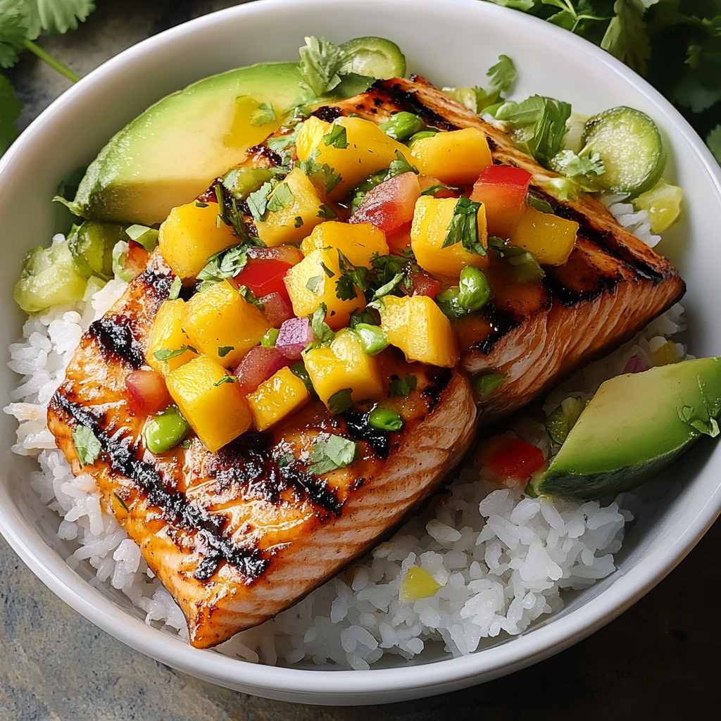 Recipe preparation for Grilled Salmon Mango Coconut Rice