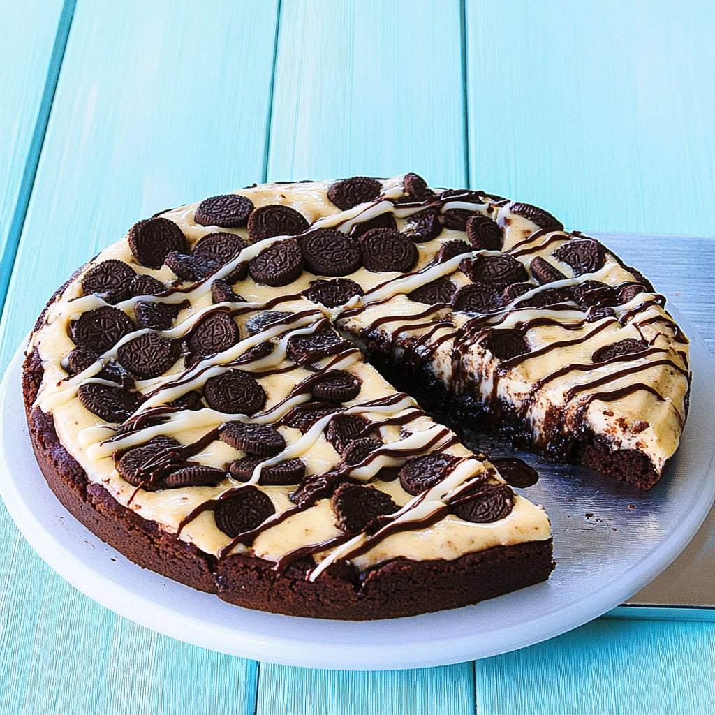 Recipe preparation for Oreo Fudge Brownie Pizza