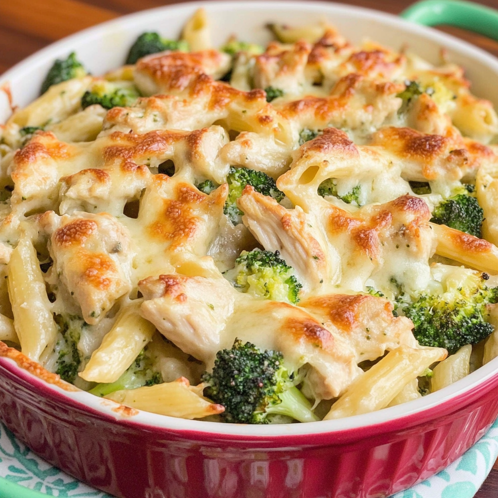 Recipe preparation for Cheesy Chicken Broccoli Pasta Bake