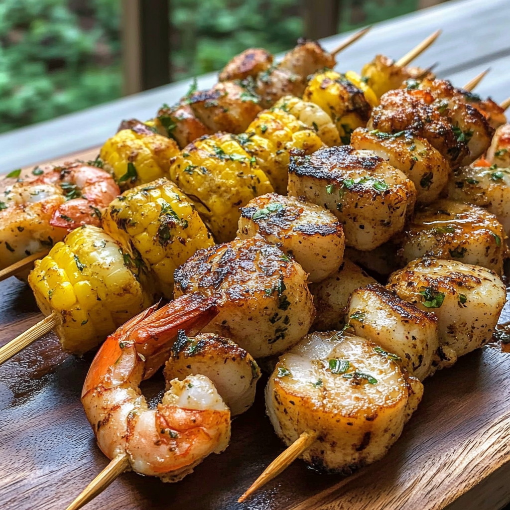 Recipe preparation for Grilled Seafood Boil Skewers