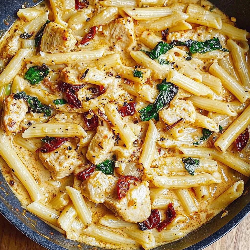 Recipe preparation for Creamy Asiago Chicken Pasta with Sun-Dried Tomatoes
