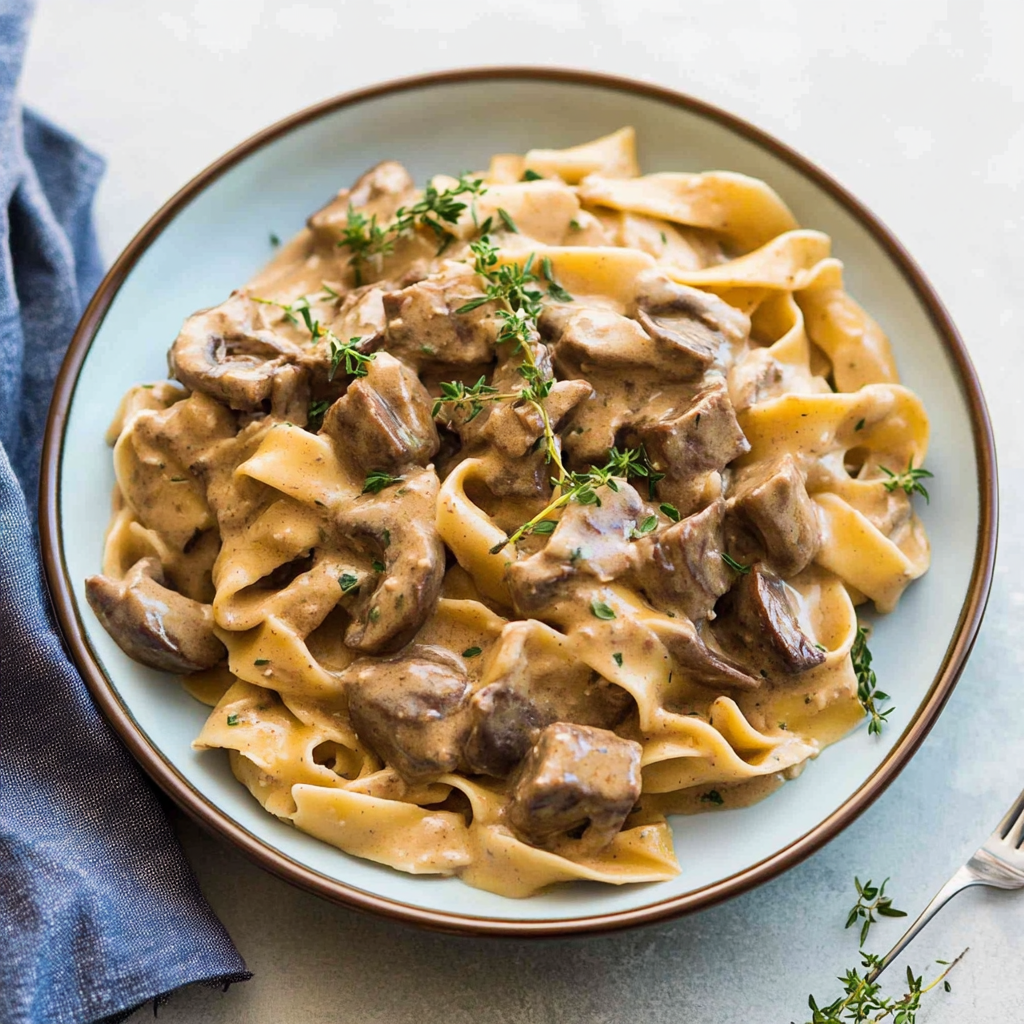 Recipe preparation for Creamy Slow Cooker Beef Stroganoff