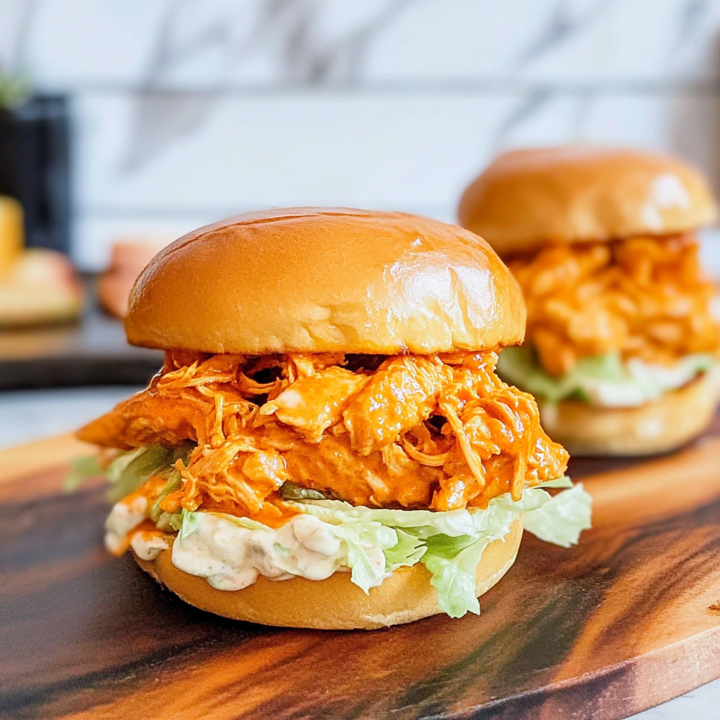 Recipe preparation for Spicy Shredded Buffalo Chicken Sandwich