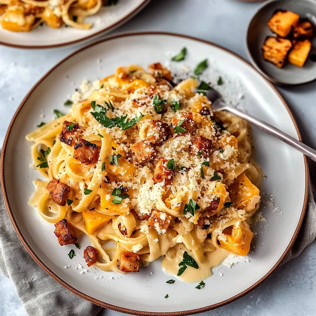 Recipe preparation for Creamy Butternut Squash Pasta with Sausage