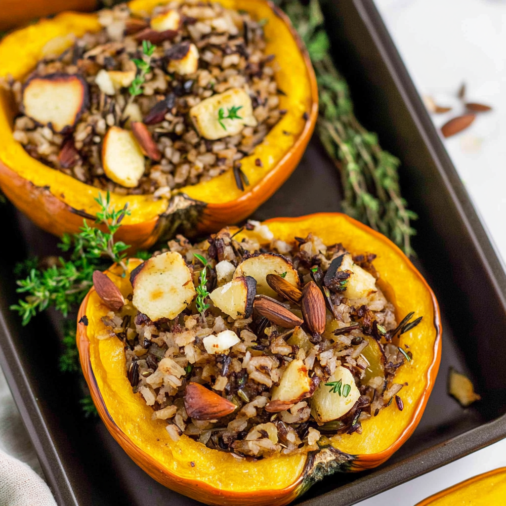 Recipe preparation for Stuffed Acorn Squash with Wild Rice