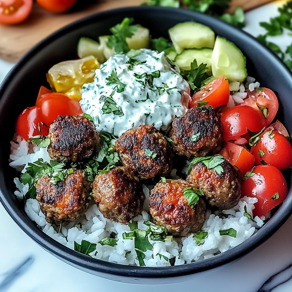 Recipe preparation for Greek Meatball Bowl with Tzatziki, Rice & Fresh Veggies