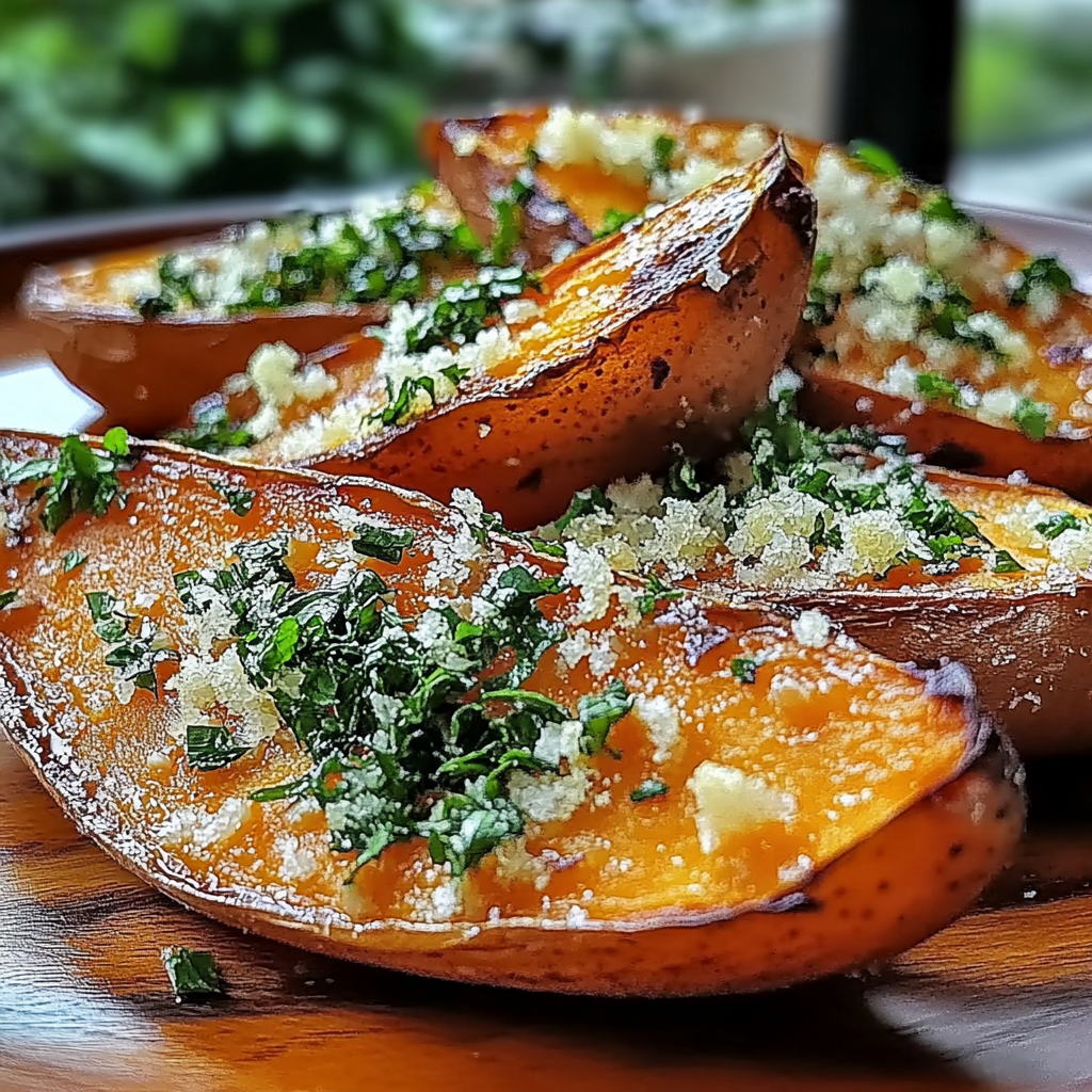 Recipe preparation for Garlic Parmesan Sweet Potato Wedges