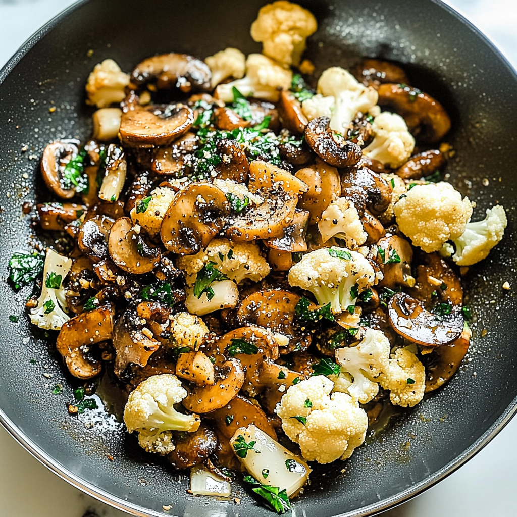 Recipe preparation for Sauteed Garlic Mushrooms & Cauliflower Skillet
