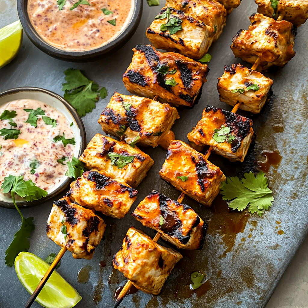 Recipe preparation for Thai Red Curry Swordfish Kabobs