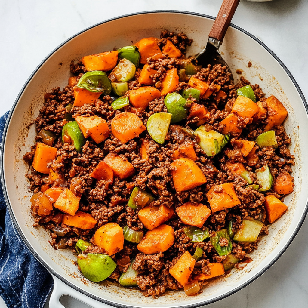 Recipe preparation for Hearty Ground Beef and Sweet Potato Skillet