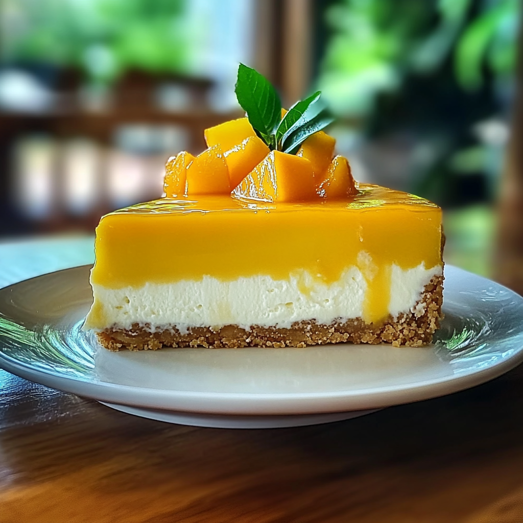 Recipe preparation for Tropical Paradise Mango Cheesecake: A Slice of Sunshine in Every Bite