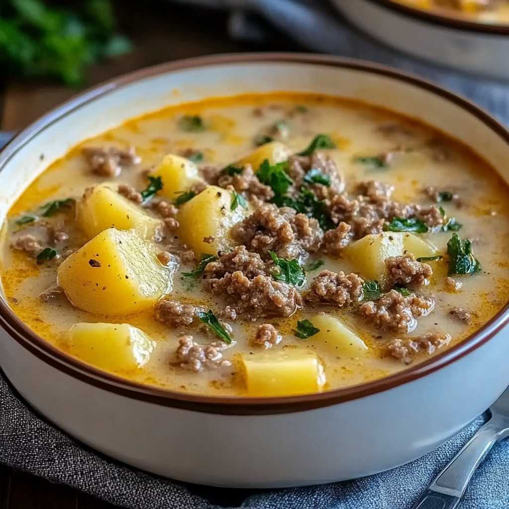 Recipe preparation for Cheesy Hamburger Potato Soup: The Ultimate Comfort Food