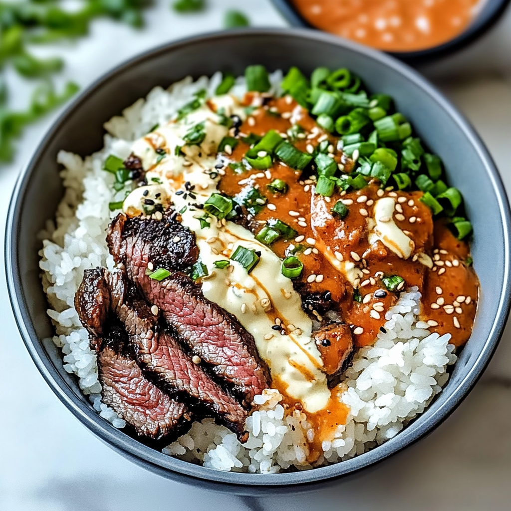 Recipe preparation for Korean BBQ Steak Rice Bowls with Spicy Cream Sauce