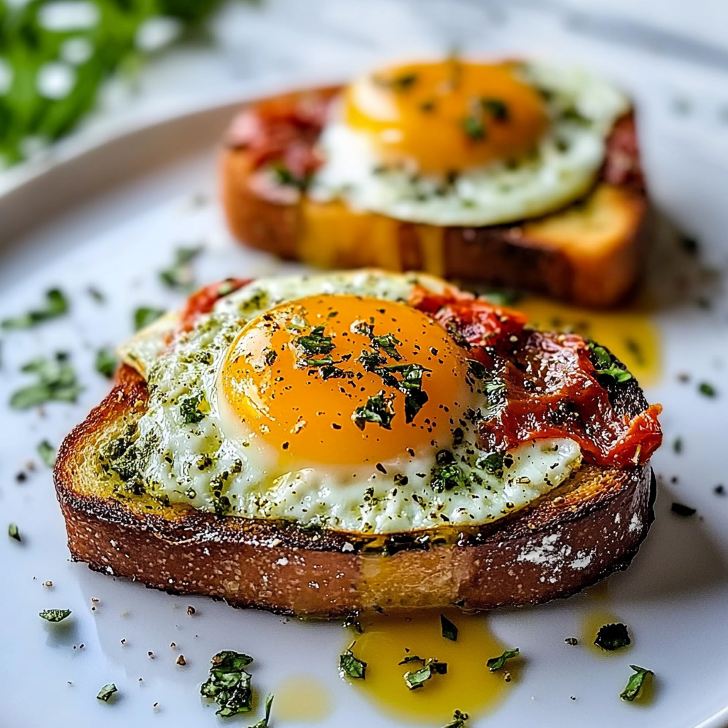 Recipe preparation for Sun-Dried Tomato Pesto Egg Toast