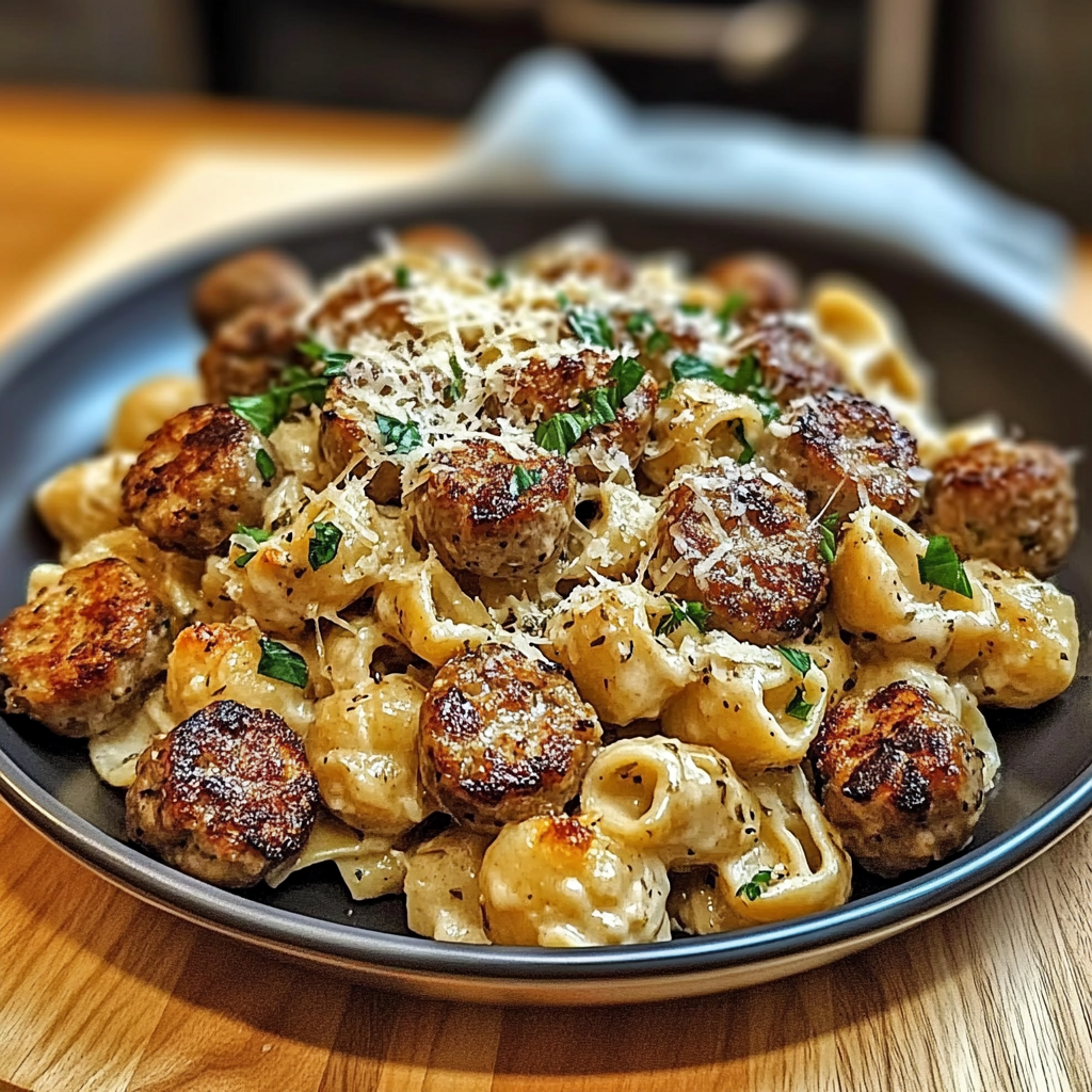 Recipe preparation for Garlic Butter Beef Sausage Bites with Creamy Parmesan Pasta