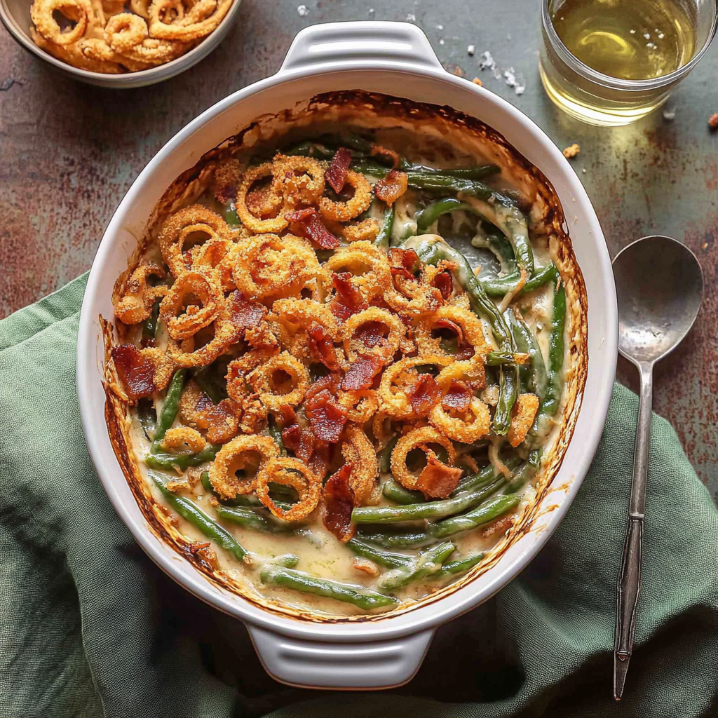 Recipe preparation for Cheesy Green Bean Casserole with Bacon