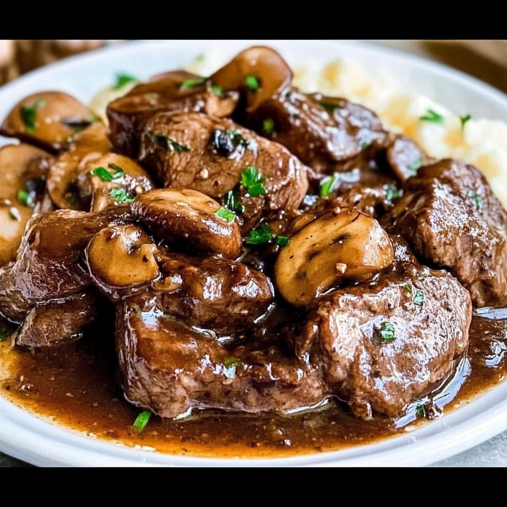 Recipe preparation for Beef Tenderloin Tips in Mushroom Gravy