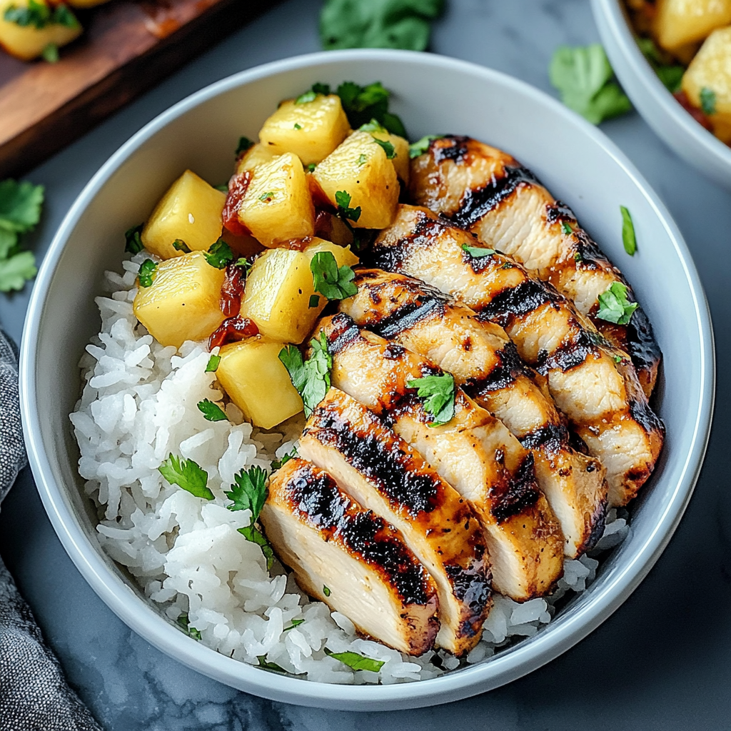 Recipe preparation for Grilled Chicken and Pineapple Bowls with Coconut Rice