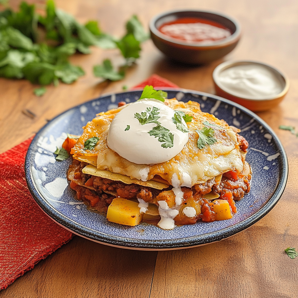 Recipe preparation for Stacked Potato and Chorizo Enchiladas