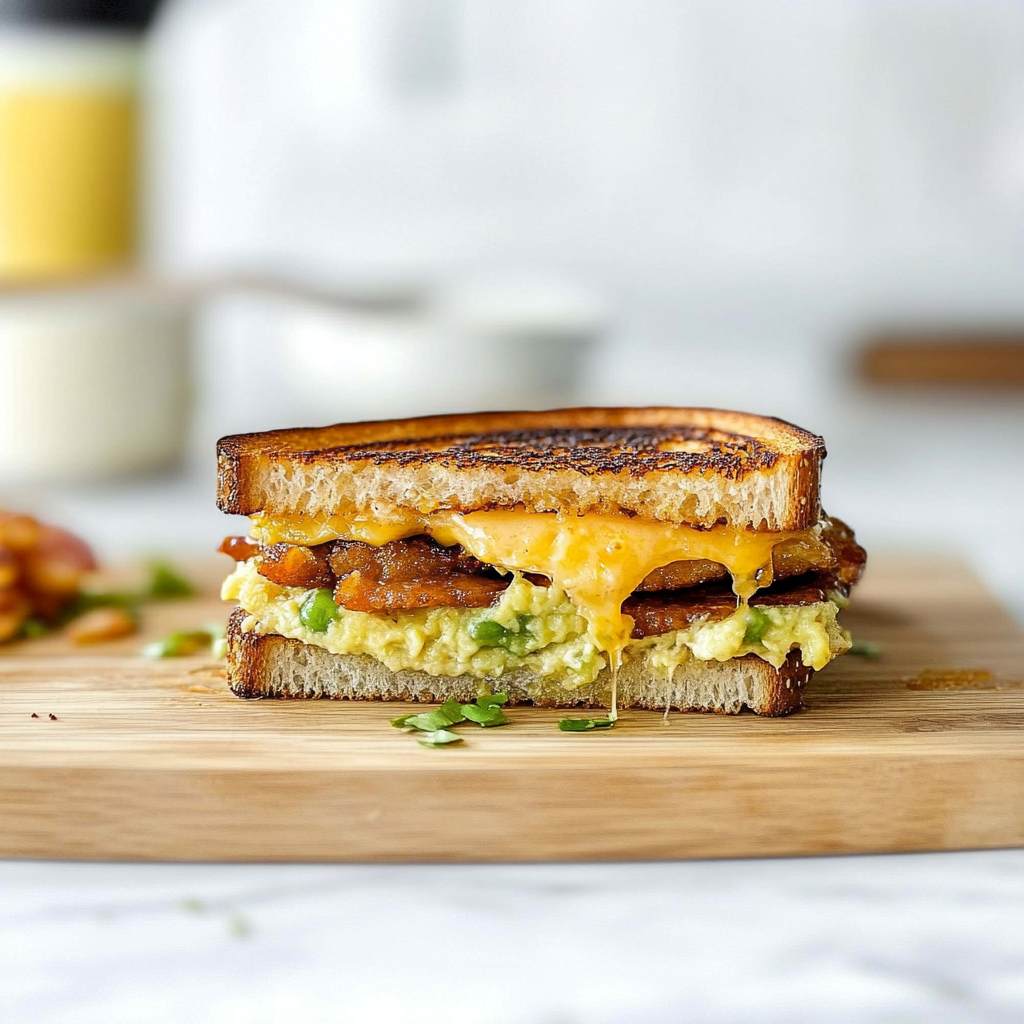 Recipe preparation for Bacon and Egg Breakfast Grilled Cheese with Avocado