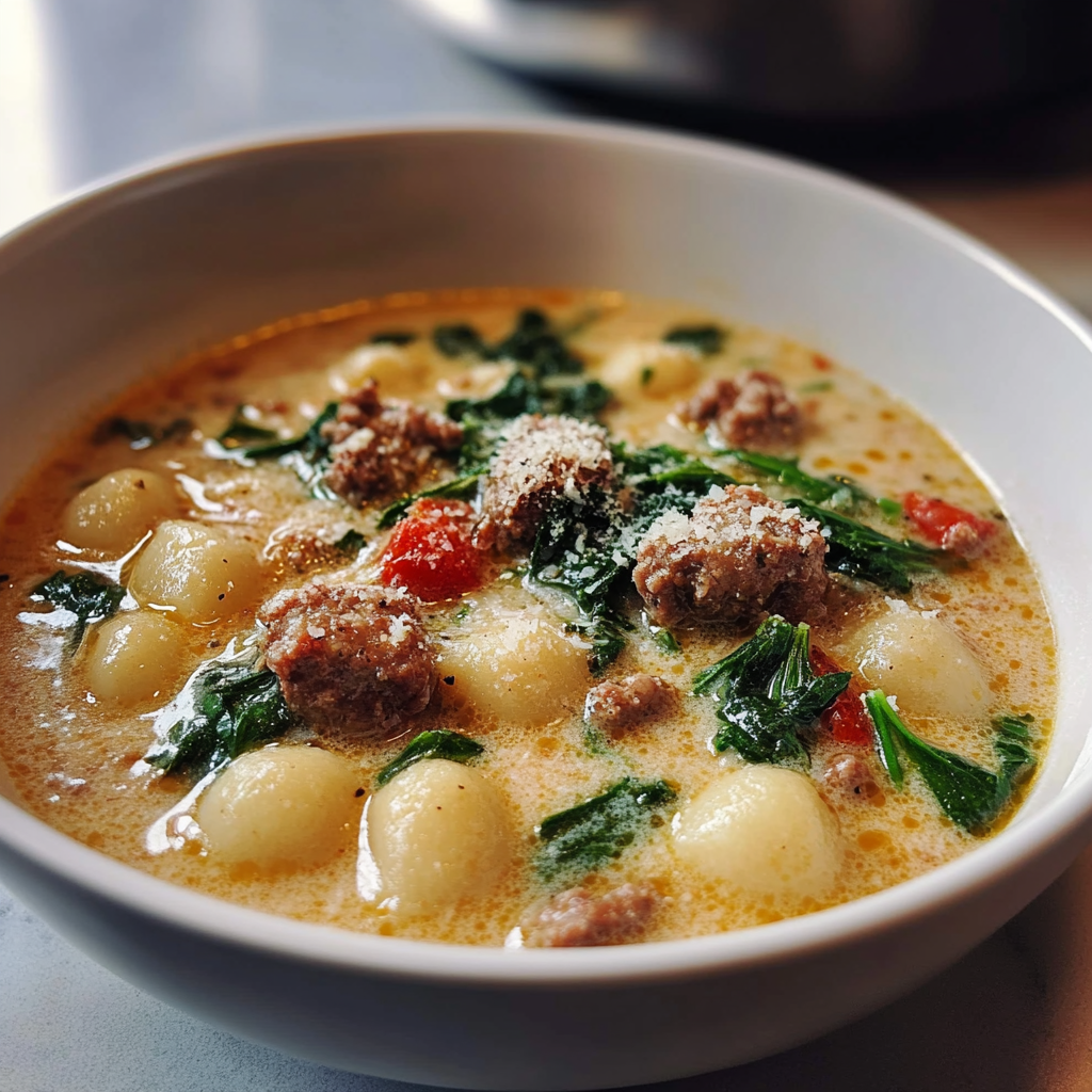 Recipe preparation for Creamy Italian Sausage Gnocchi Soup