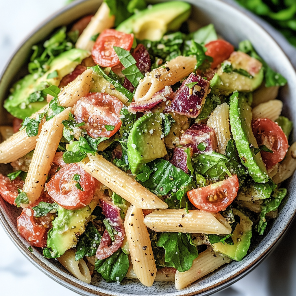 Recipe preparation for Healthy BLT Pasta Salad with Avocado