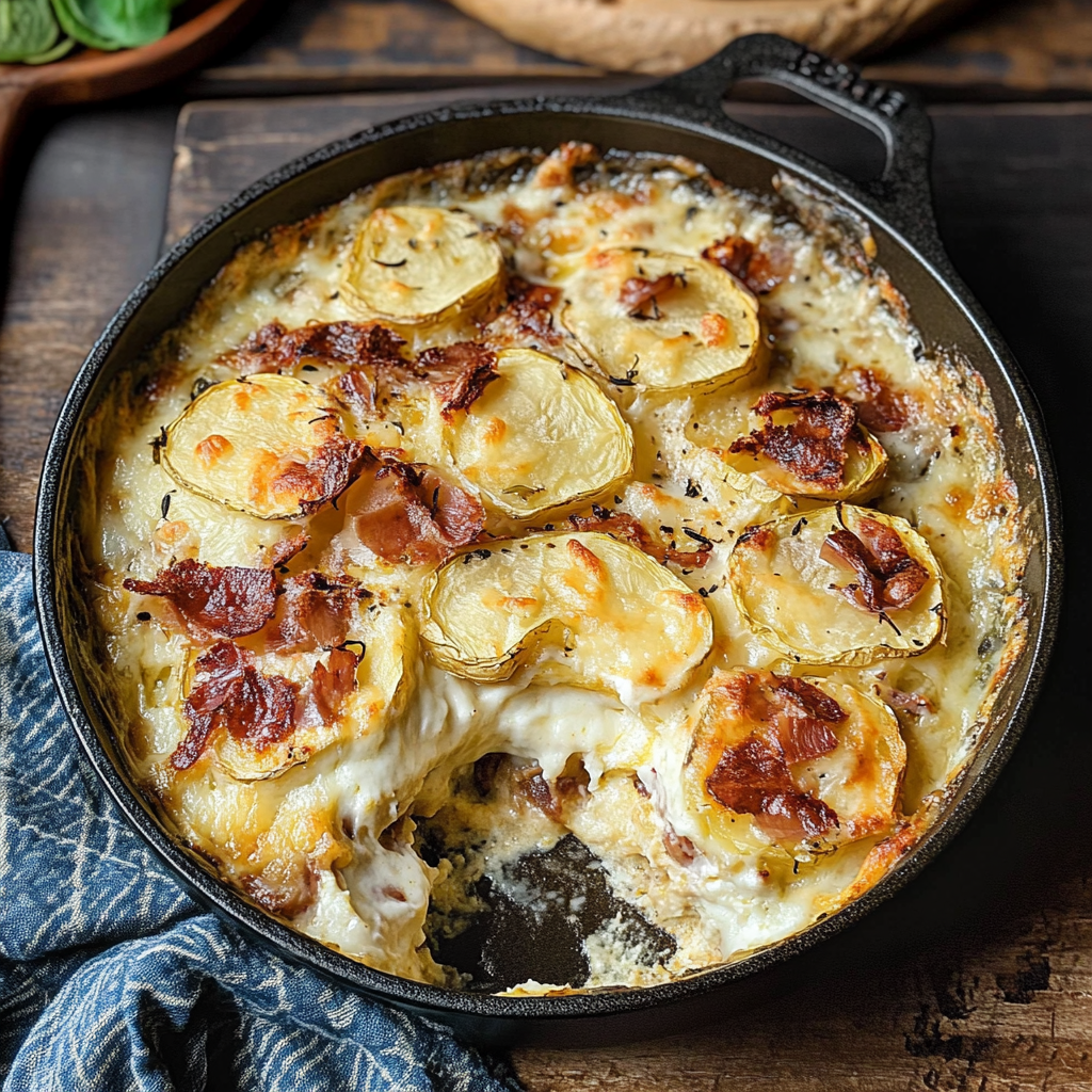Recipe preparation for French Potato Gratin with Oozy Cheese