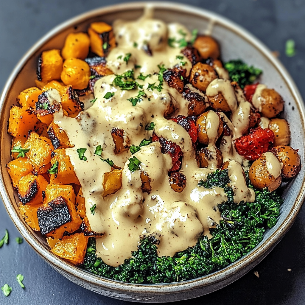 Recipe preparation for Roasted Vegetable & Chickpea Bowl with Tahini Dressing