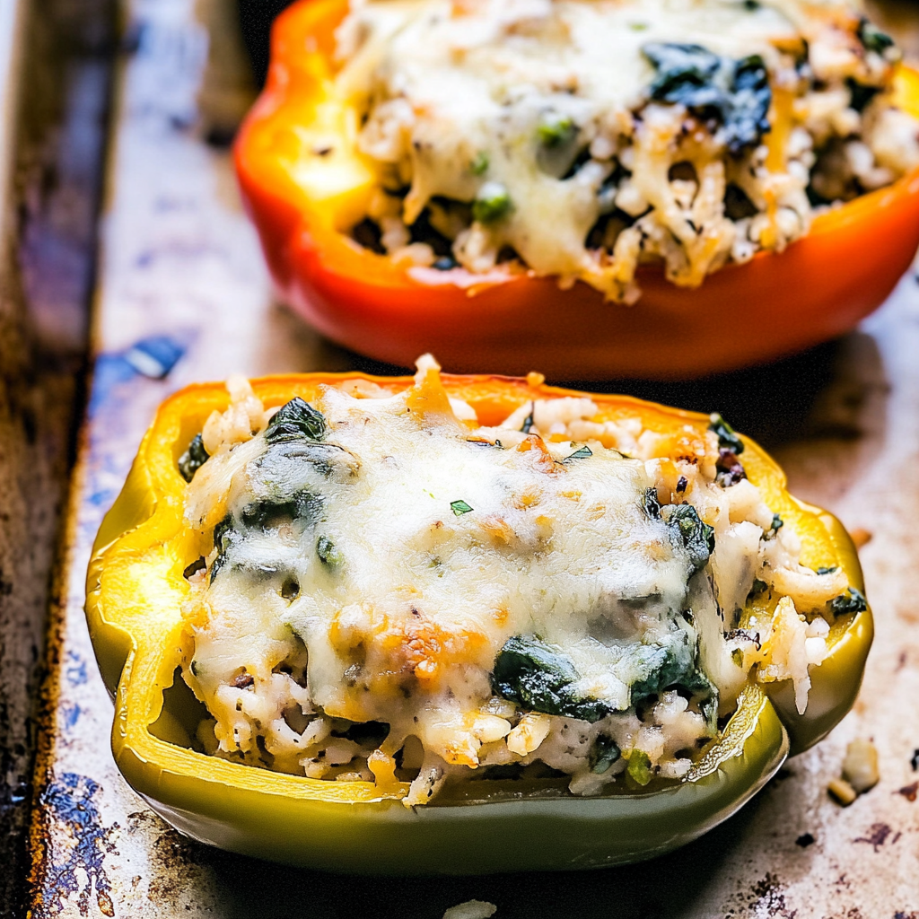 Recipe preparation for Creamy Chicken, Spinach and Rice Stuffed Peppers