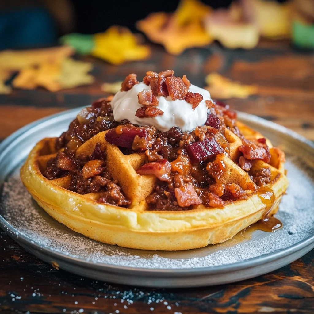 Recipe preparation for Maple Bacon Bourbon Chili On Cornbread Waffle
