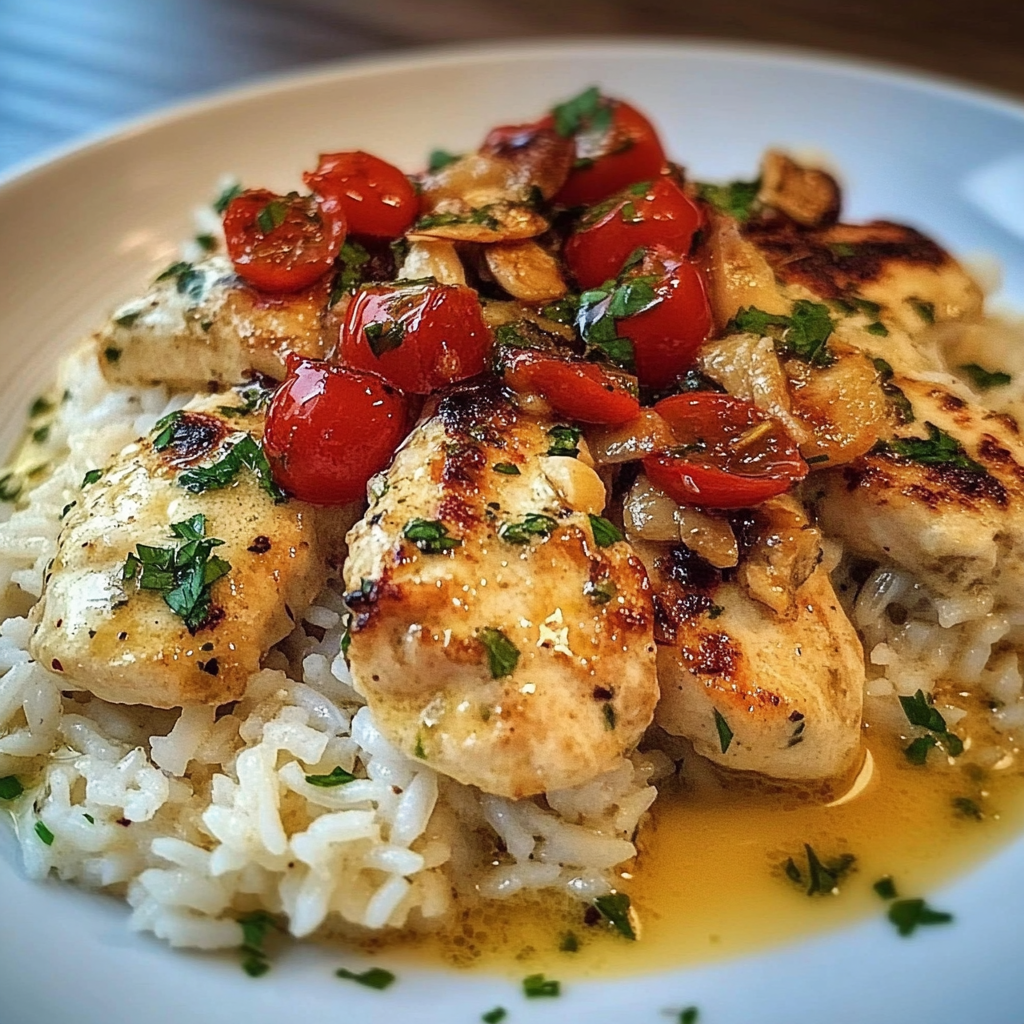 Recipe preparation for Chicken Scampi with Garlic Parmesan Rice