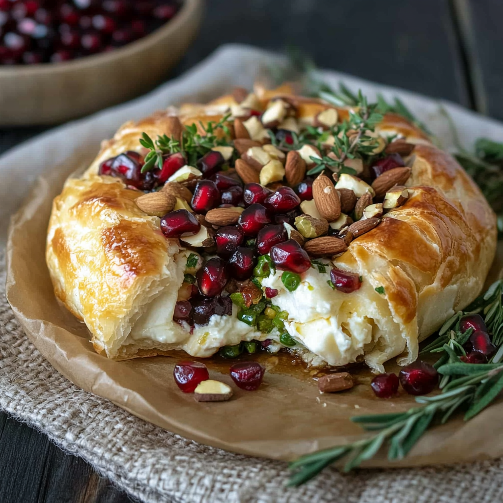 Recipe preparation for Baked Brie with Pomegranate and Pistachios